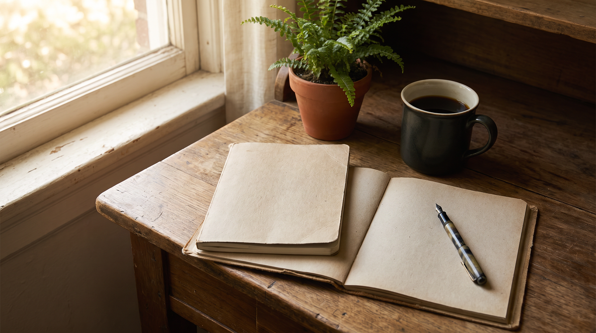 Two notebooks of different sizes side by side on a wooden desk