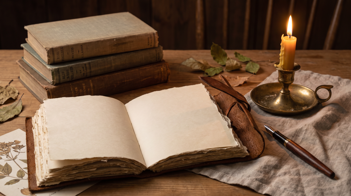 Open leather notebook beside worn hardback books and a lit candle at evening