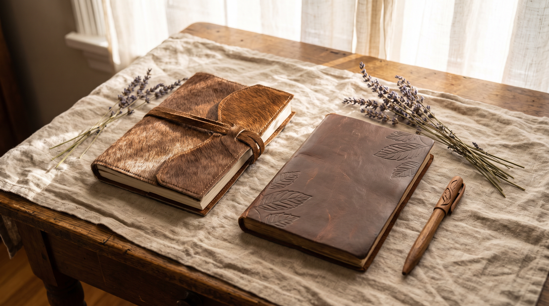 Brown cowhide journal and embossed faux leather journal side by side on linen