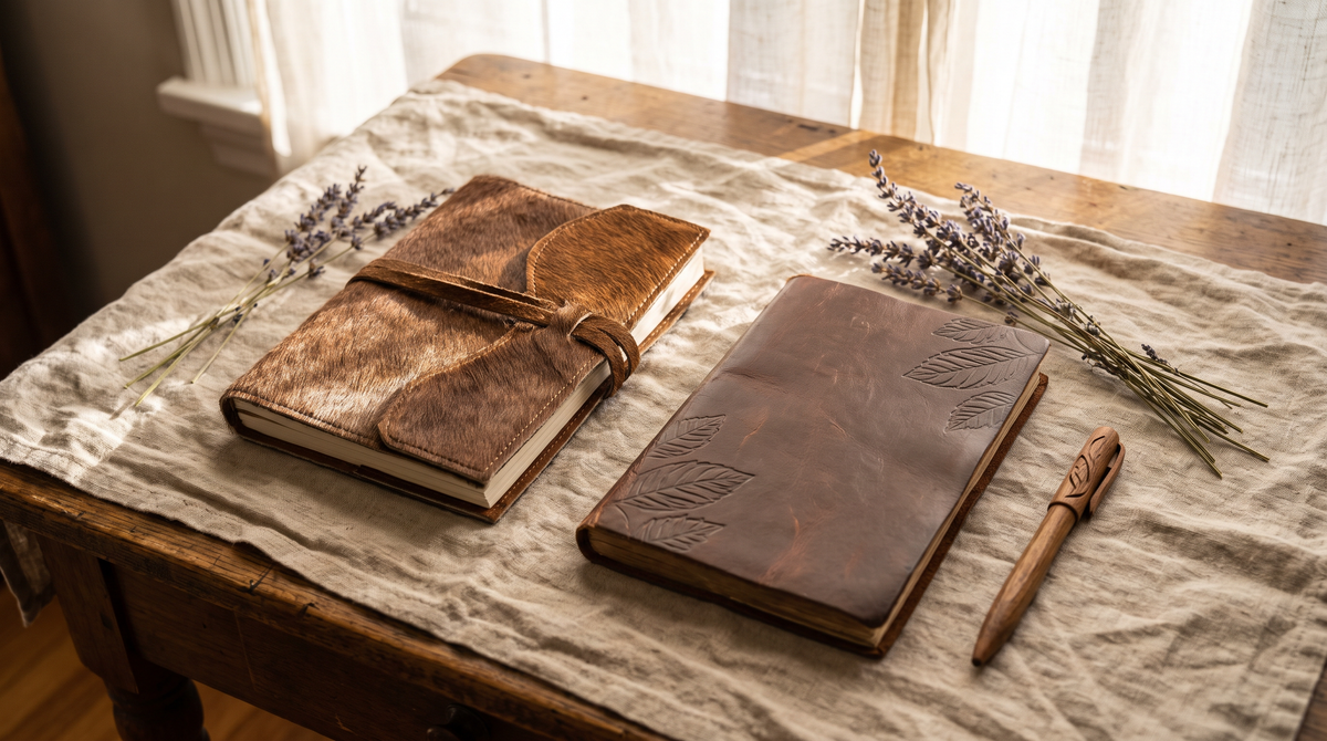Brown cowhide journal and embossed faux leather journal side by side on linen