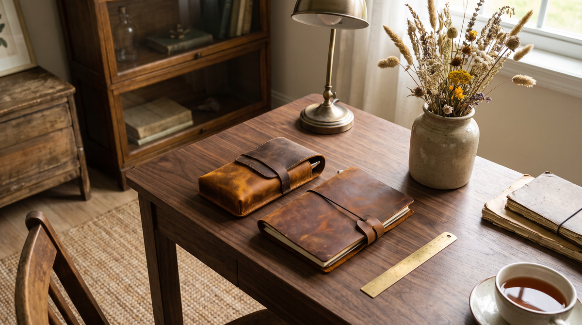 Crazy horse leather pen case and journal on dark wood showing color variation