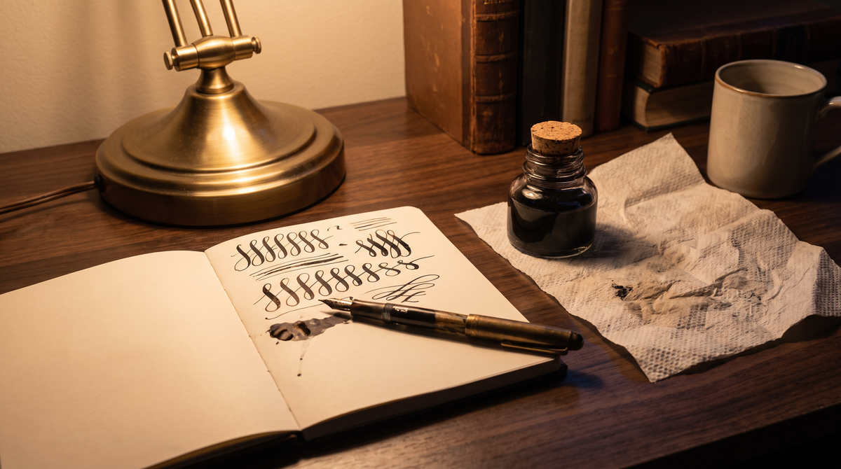 Fountain pen resting on an open dotted notebook with fresh ink under lamp light