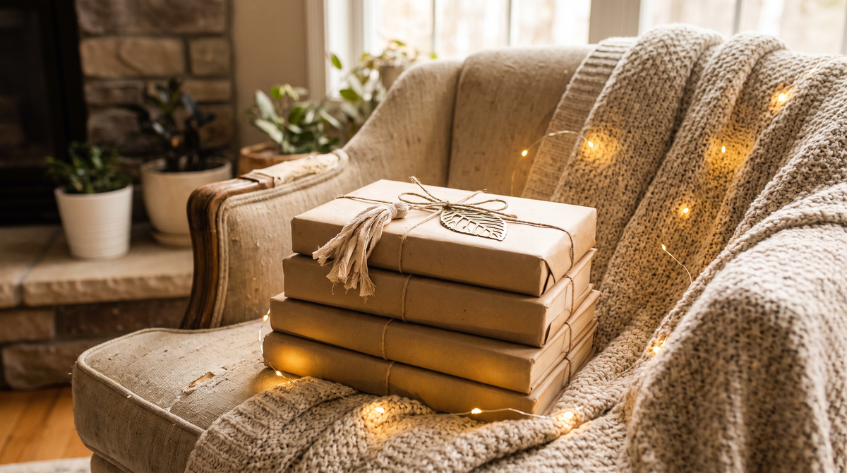 Kraft-wrapped books with a brass bookmark and tassel on a cozy armchair