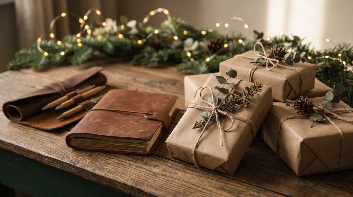 Kraft-wrapped gifts beside a leather journal and pen roll on a holiday table