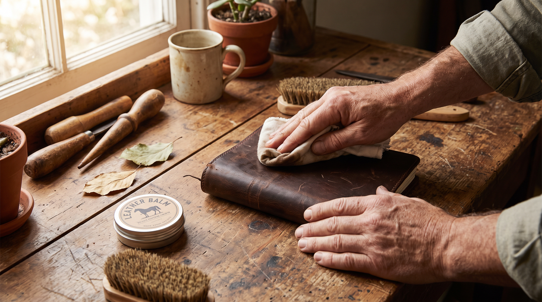 Hands applying conditioner with a soft cloth to a brown leather journal cover