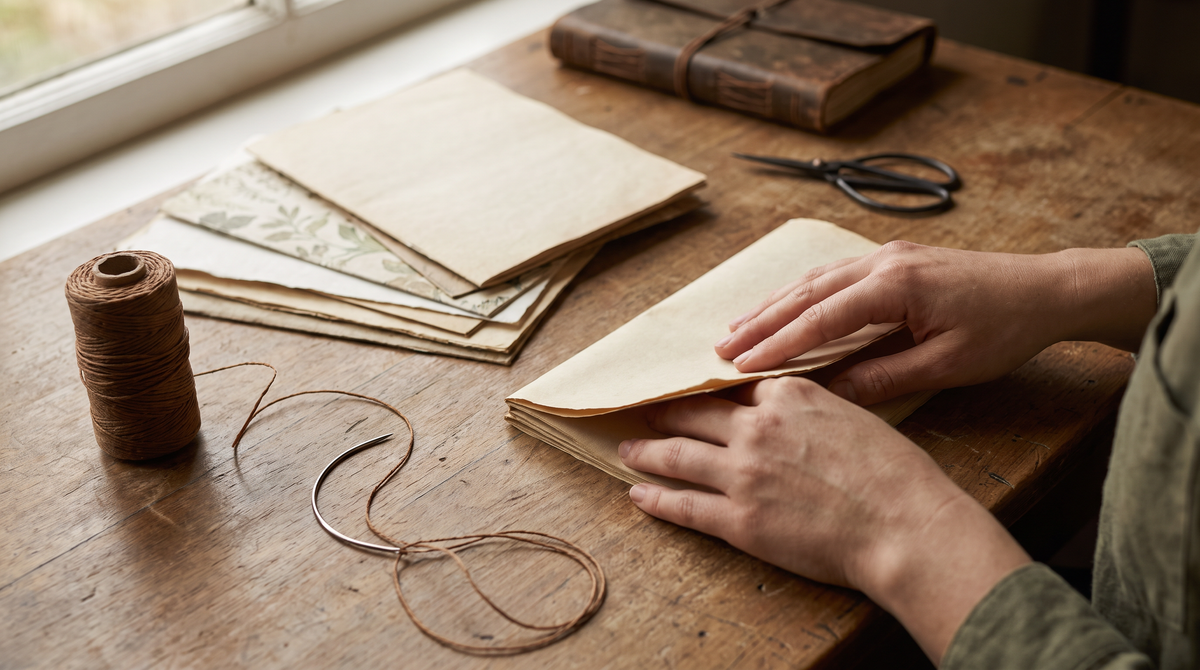 Hands folding paper signatures beside a needle, thread and stack of vintage papers