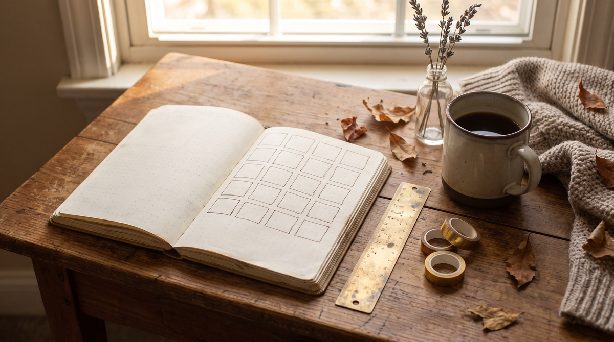 Open dot grid bullet journal with a simple monthly layout and brass stencil