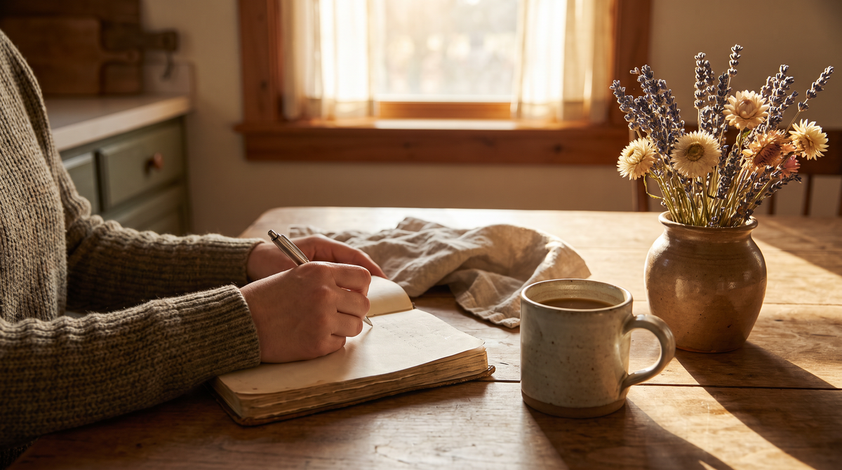 Person writing in an open notebook at a sunny kitchen table with morning coffee