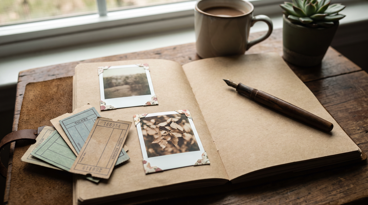 Instant photos held in floral corners on a kraft journal page with travel tickets