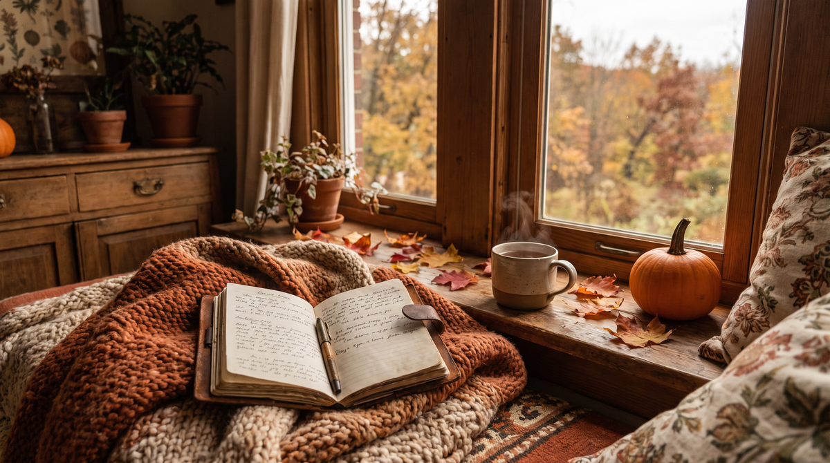 Open journal, pen and tea on a cozy window seat in autumn light