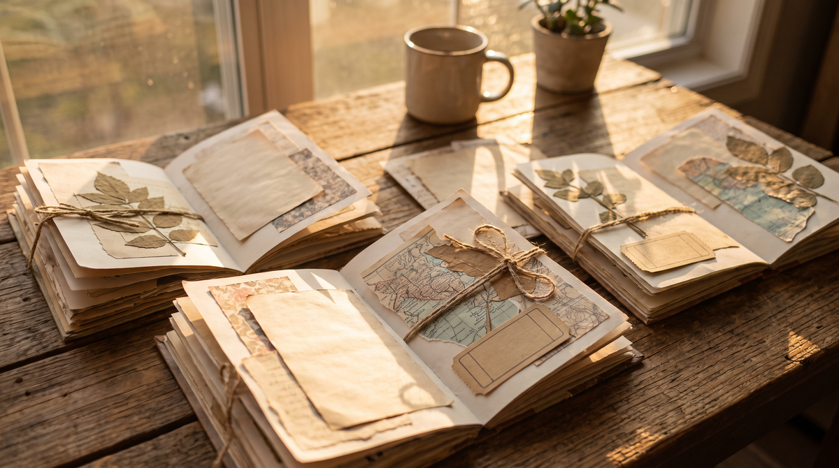 Several open junk journal spreads with botanical and travel themes in golden light