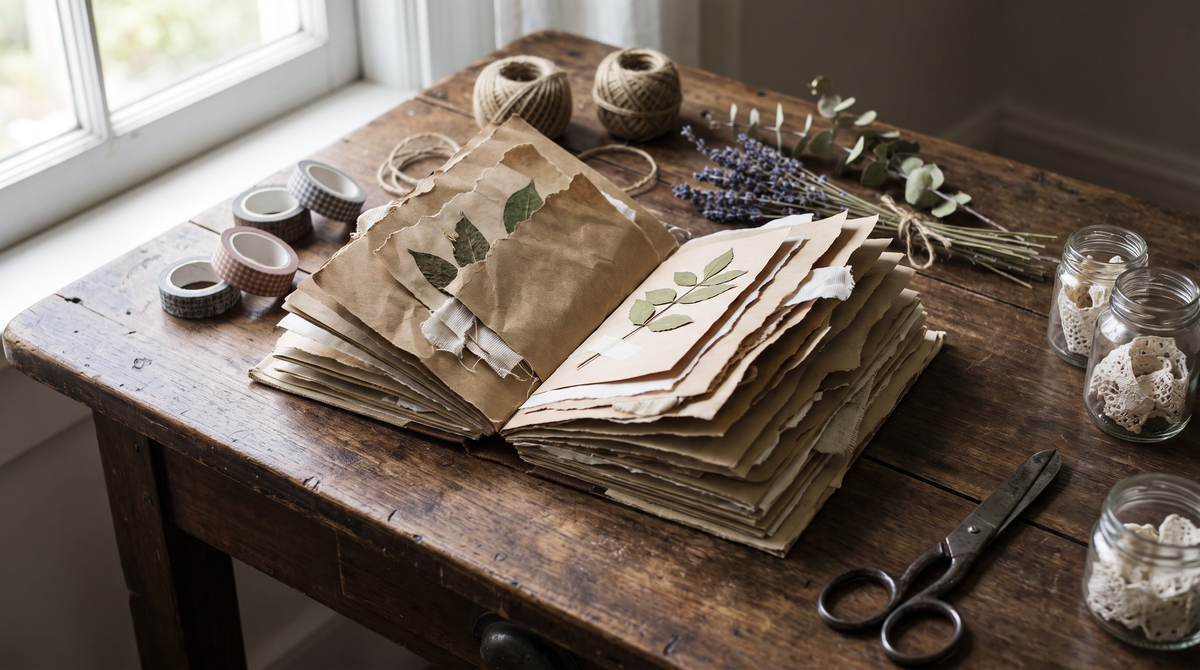Chunky junk journal open on a rustic table with vintage papers, tape rolls and dried flowers