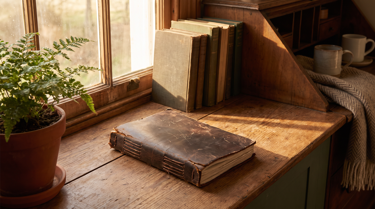 Well-used brown leather journal with rich patina resting on a sunny windowsill
