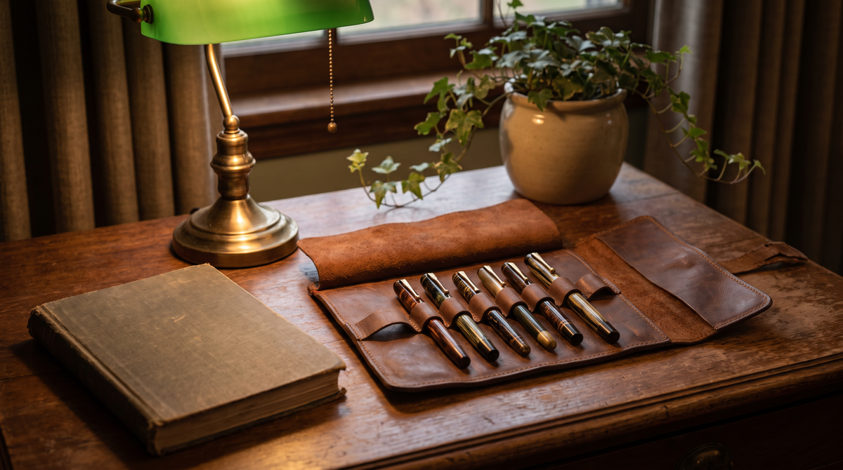 Unrolled leather pen roll holding fountain pens on a wooden writing desk