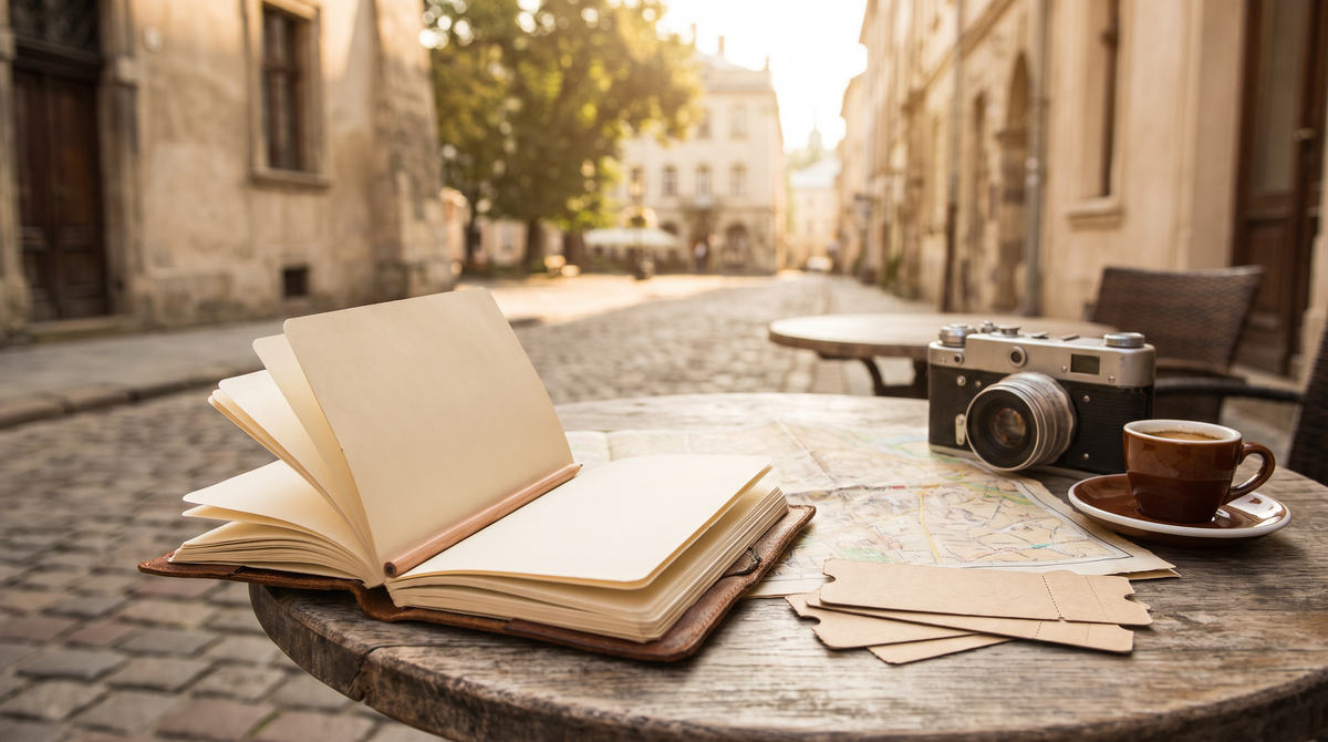 Leather travel journal on a cafe table with a map, camera and coffee