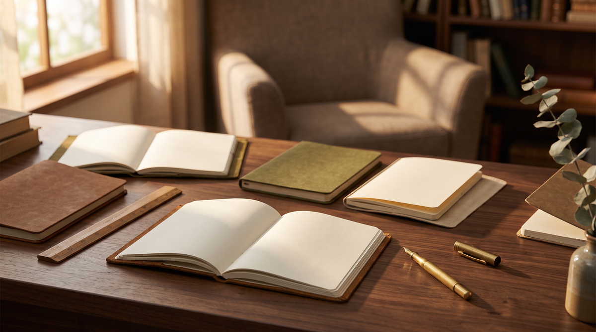 Notebooks in several sizes arranged on a walnut desk beside a wooden ruler