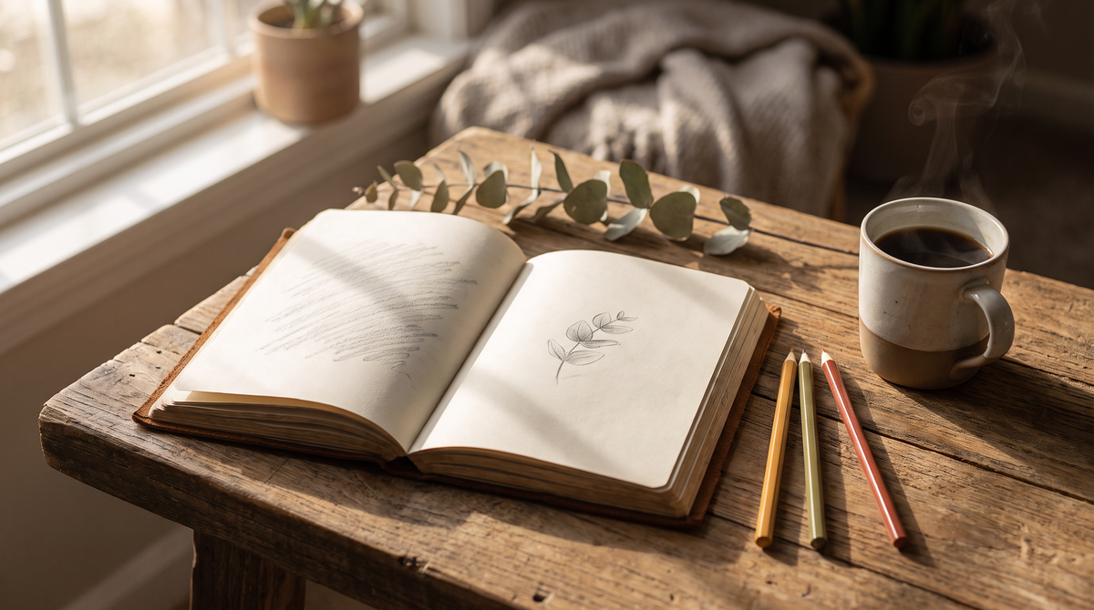 Open journal with a small leaf sketch, colored pencils and a cup of coffee