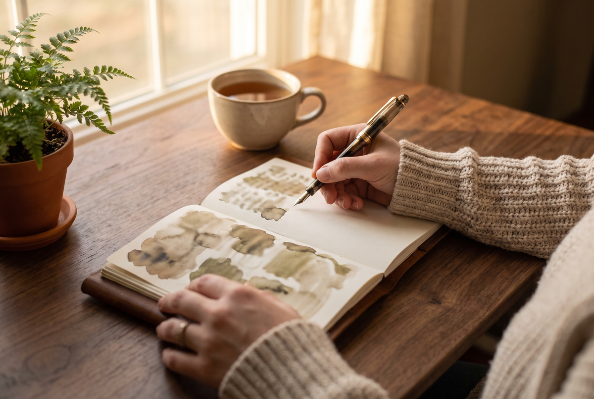 Writing in a leather journal with a fountain pen