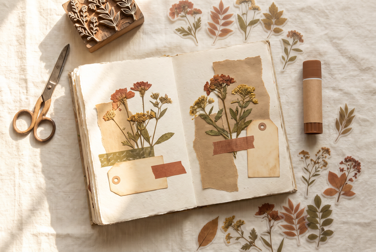 Scrapbook journal spread with pressed flowers and washi tape
