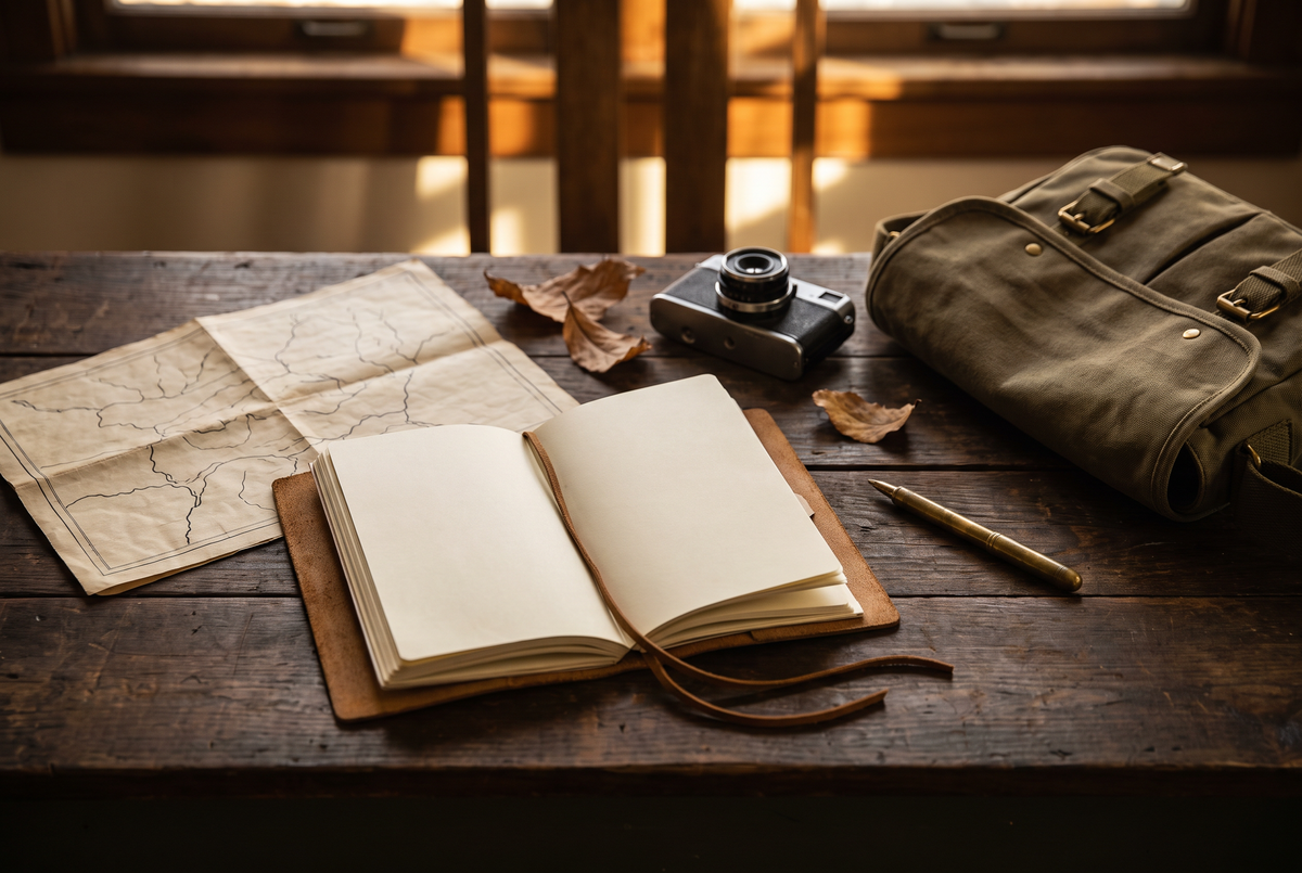 Traveler's notebook style journal with travel keepsakes