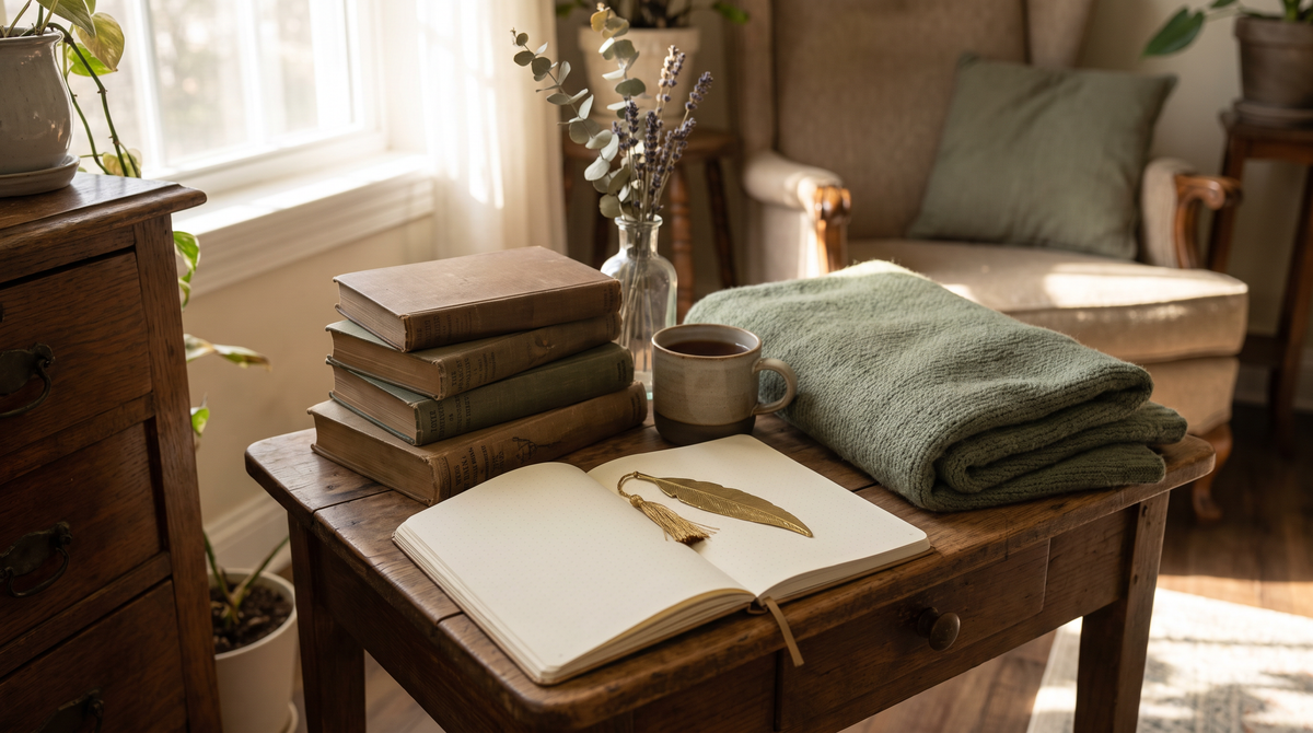 Open reading journal beside a stack of books with a brass leaf bookmark
