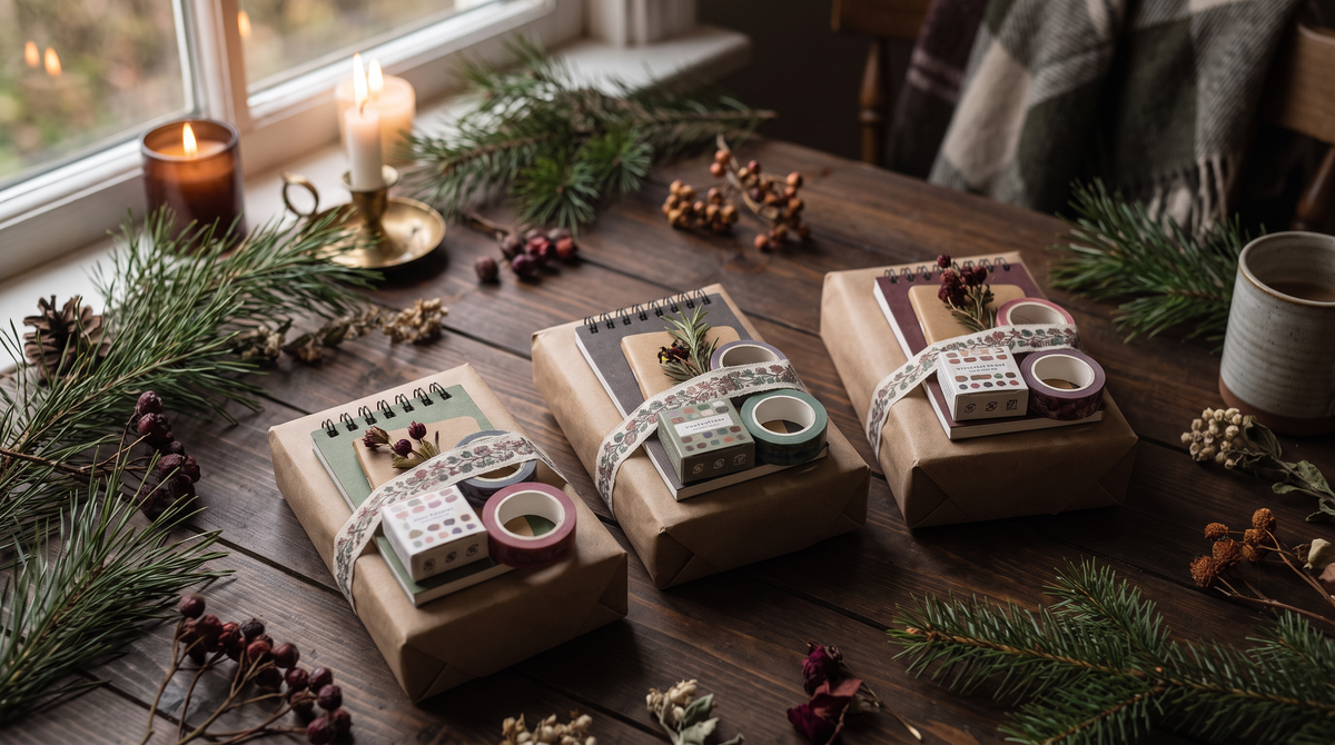 Three stationery gift bundles wrapped in kraft paper with washi tape bands