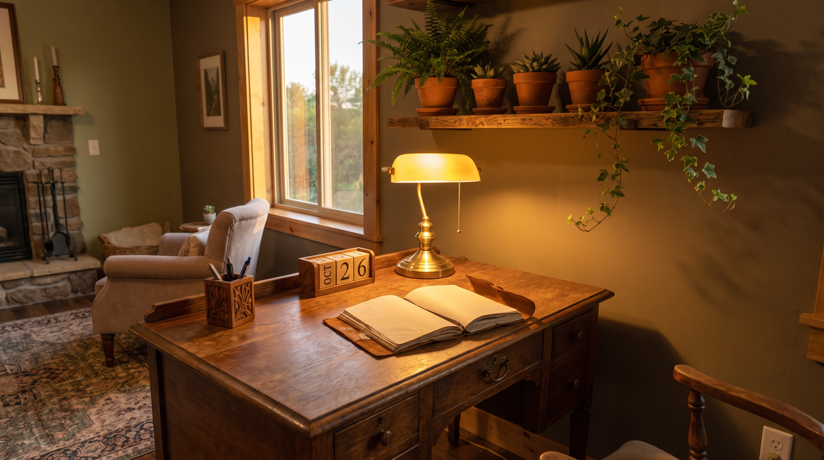 Tidy wooden writing desk with a pen cup, desk calendar, journal and lamp