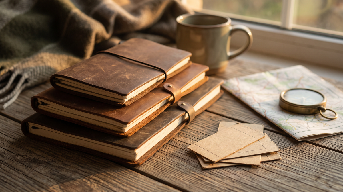 Three leather travel notebook covers of different sizes stacked with tickets and a map