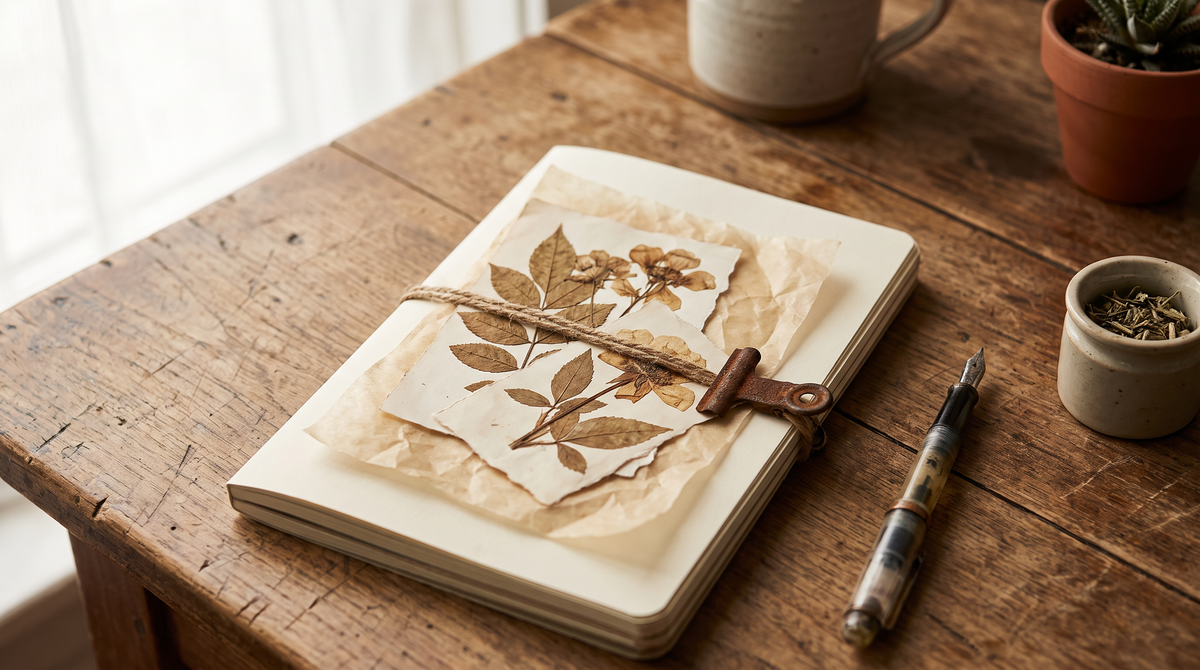 Torn botanical and parchment papers layered on a journal page with soft shadows