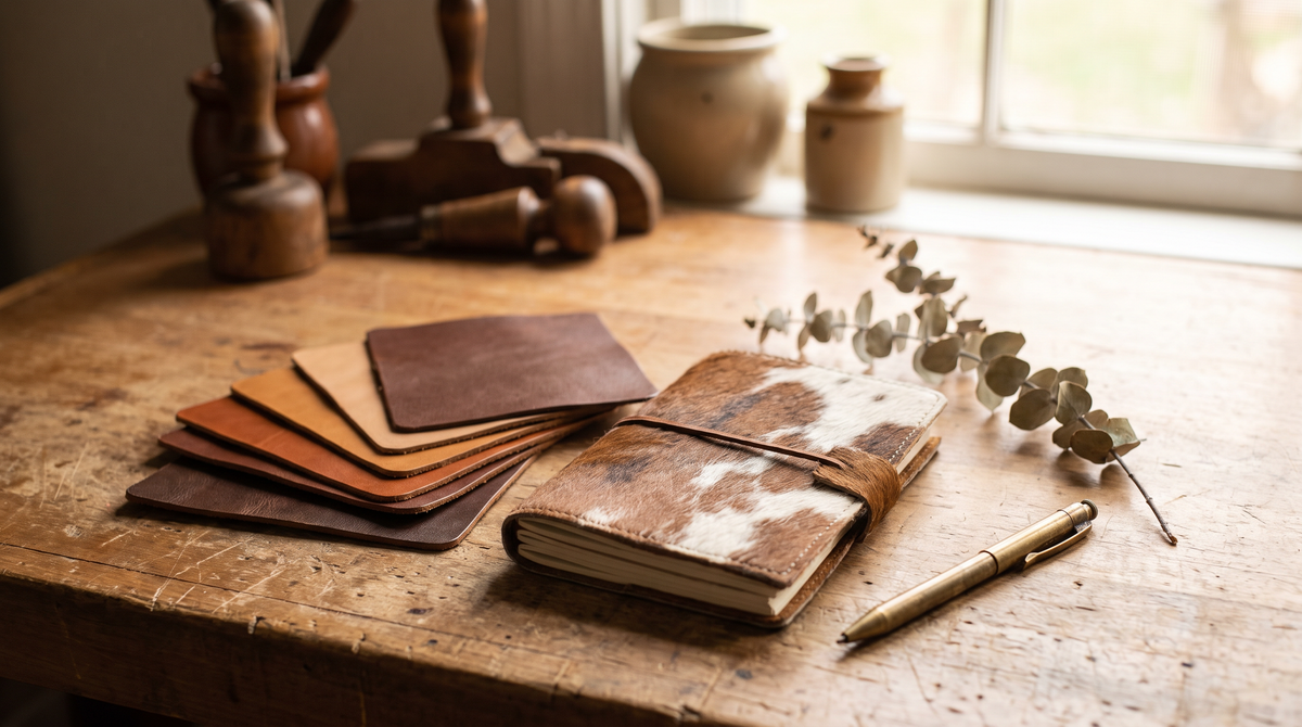 Leather swatches in brown and tan beside a cowhide journal on a wooden workbench