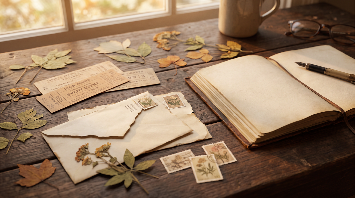 Vintage tickets, envelopes, stamps and pressed flowers scattered beside an open journal