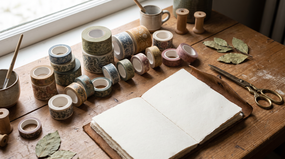 Rolls of patterned washi tape in many widths beside an open journal