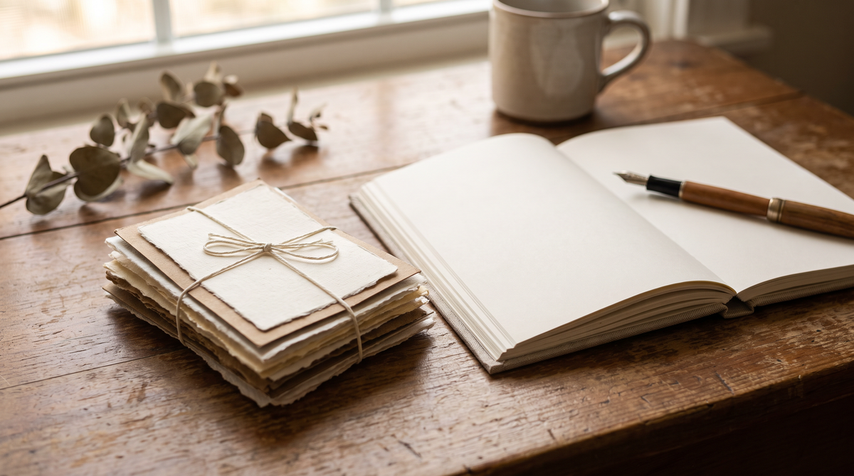 Stack of paper samples in different weights beside an open notebook and pen