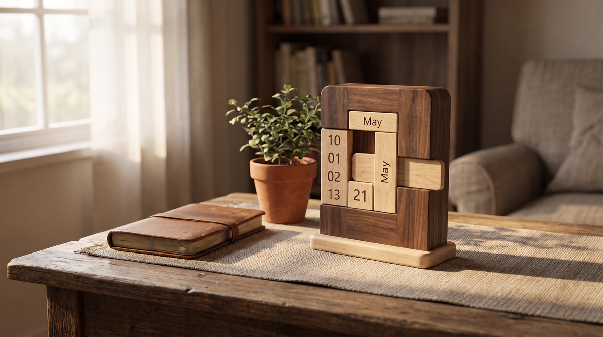 Wooden sliding perpetual calendar on a desk beside a plant and notebook