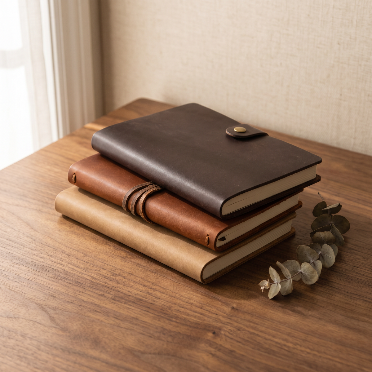 Stack of leather journals on a walnut desk
