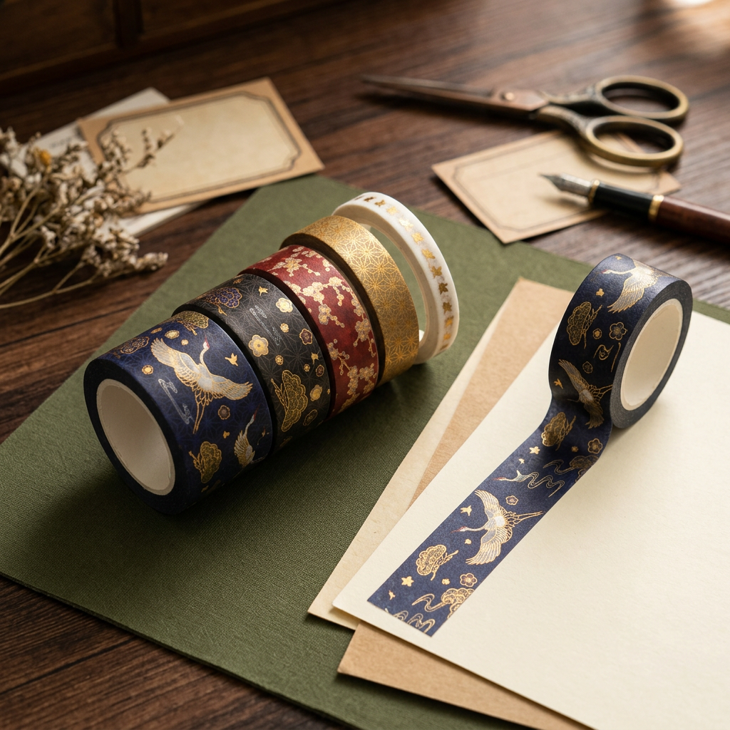 Gold Foil Crane Washi Tape Set, 5 Rolls