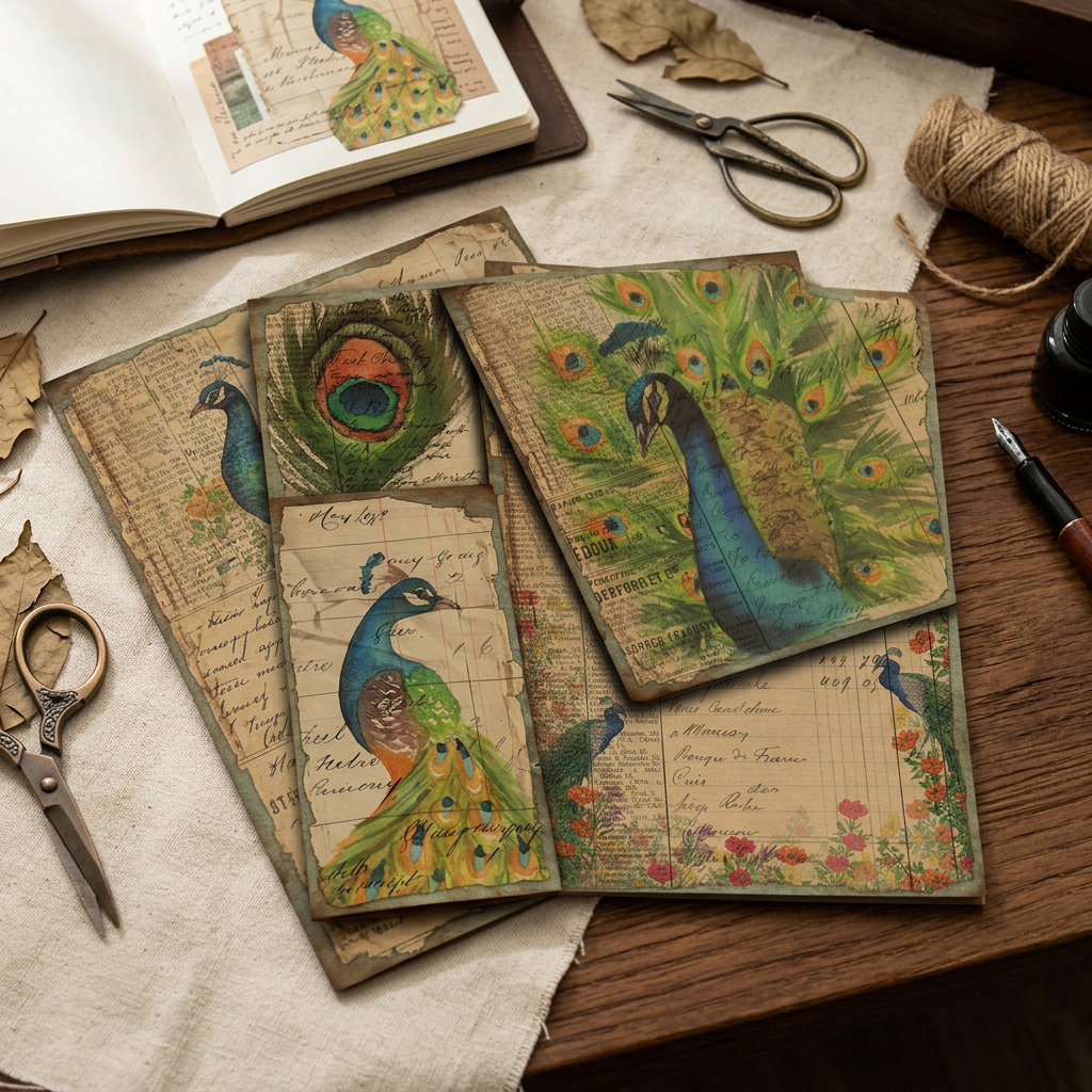 Peacock Botanical Collage Paper, 4 Large Sheets