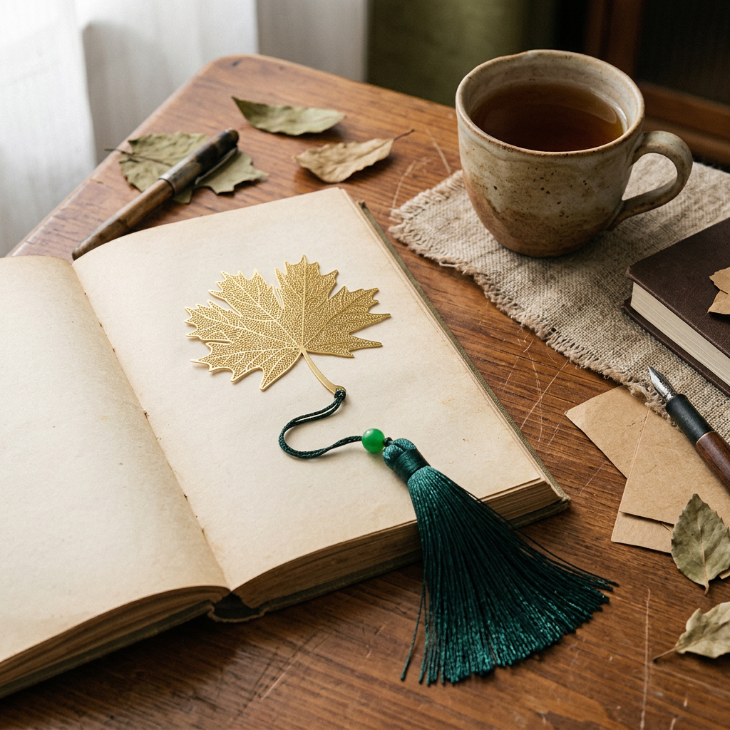 Brass Leaf Bookmark with Tassel, Vintage Botanical