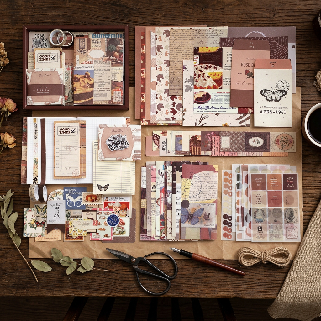 Vintage Journal Gift Set, A6 Notebook with Stickers & Washi