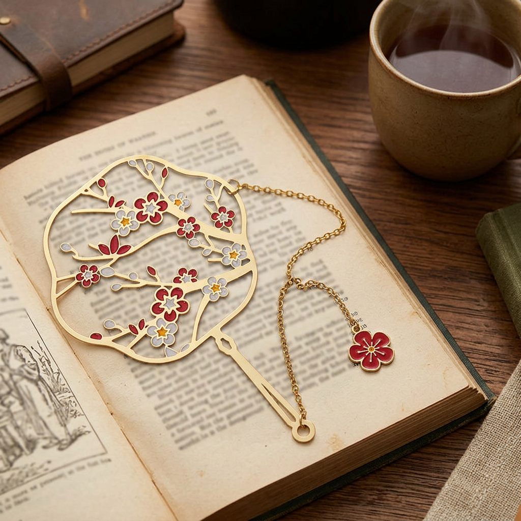 Botanical Fan Metal Bookmark with Tassel Charm