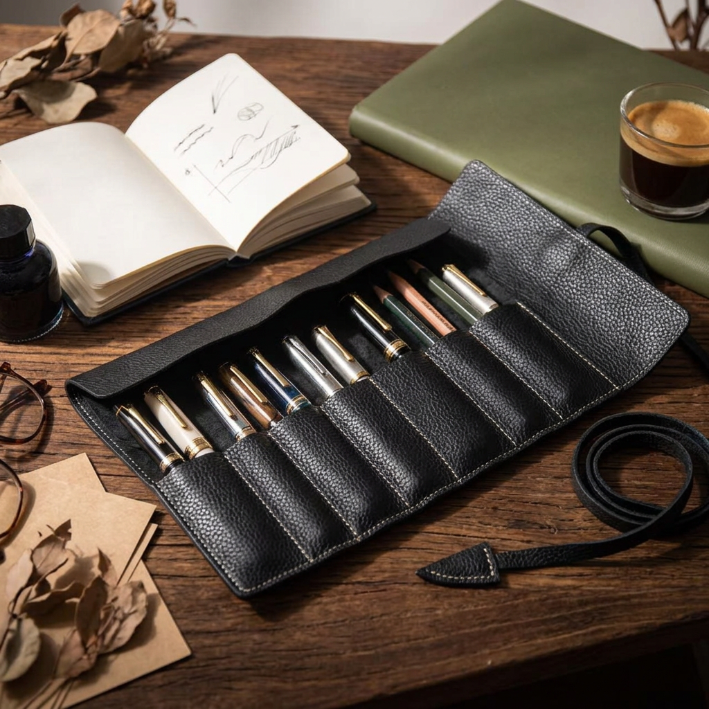 Cowhide Leather Pen Roll, Holds 15-21 Pens