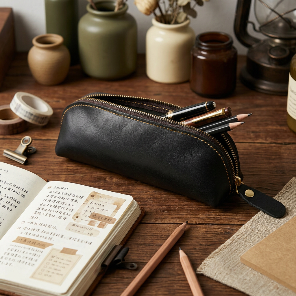 Crazy Horse Leather Zipper Pencil Case