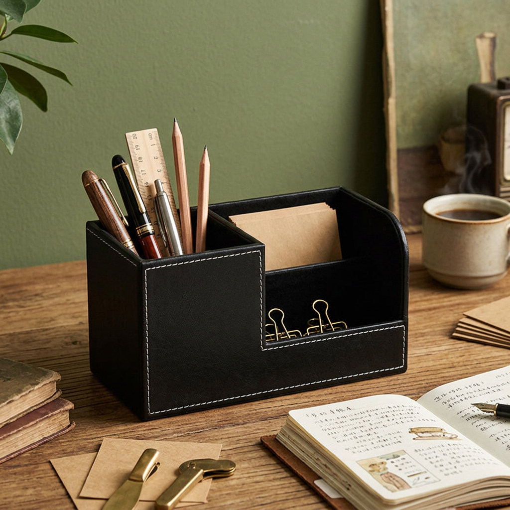 PU Leather Desk Organizer Pen Holder