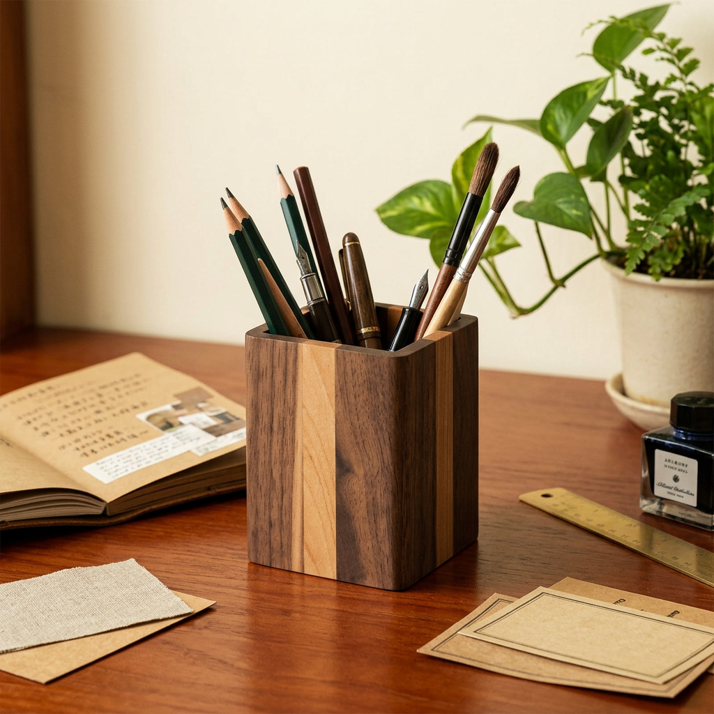 Solid Wood Square Pen Cup
