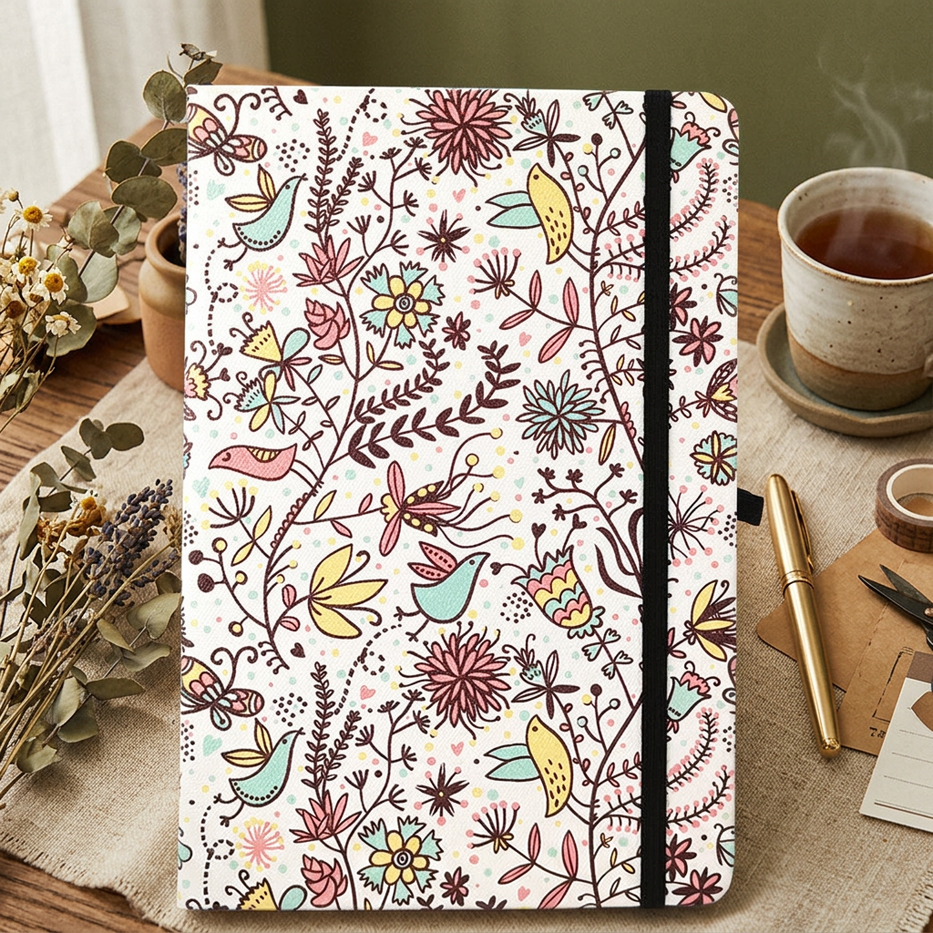 A5 Hardcover Dot Grid Journal, Floral Ivory Cover