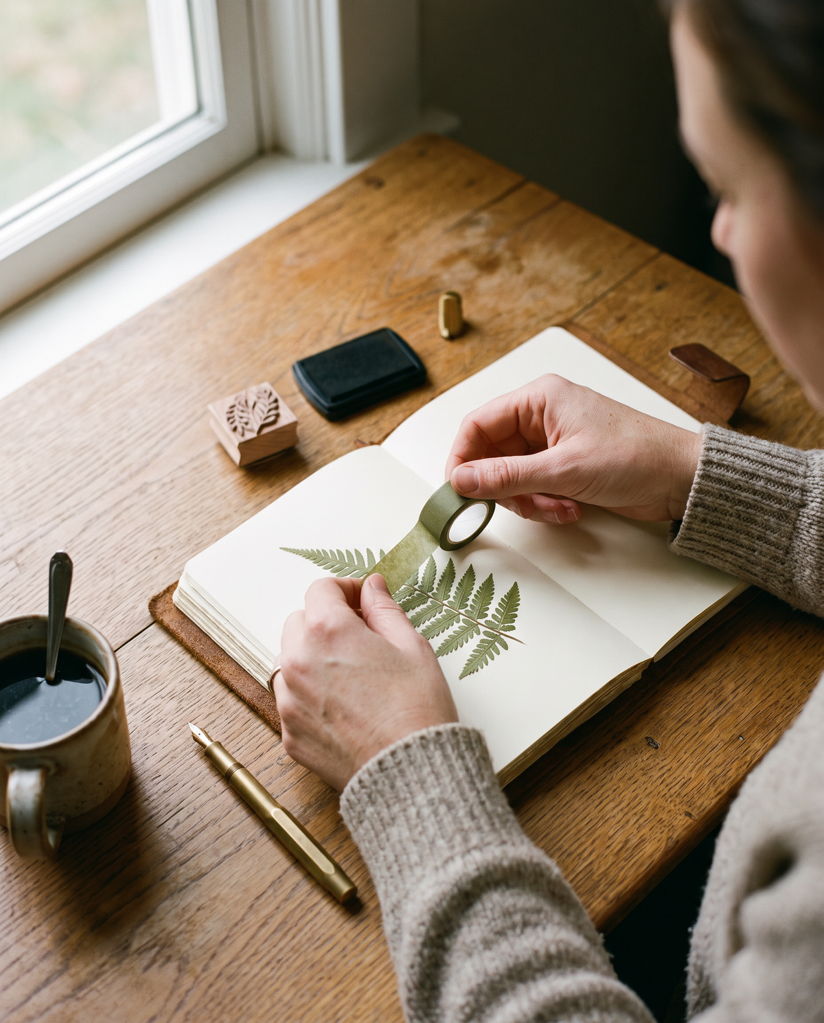 Hands taping a pressed fern into an open leather journal